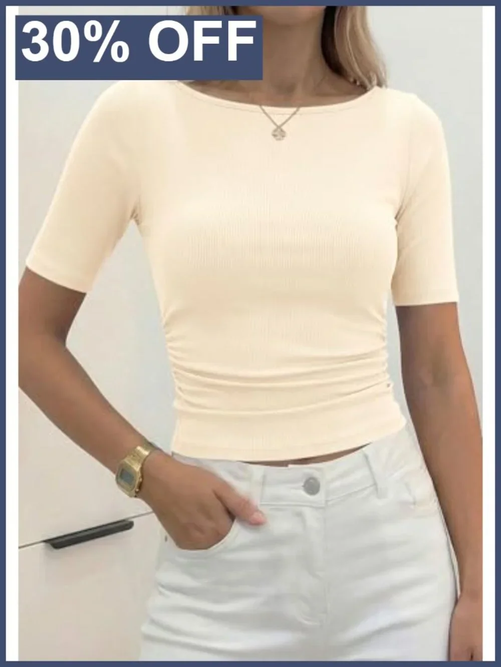 Womens Ribbed Knit Boat Neck Ruched Short Sleeve Slim Fit Crop Top_5